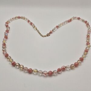 Vintage Art Deco Czech Glass Beaded Necklace - Pink & Clear 32"